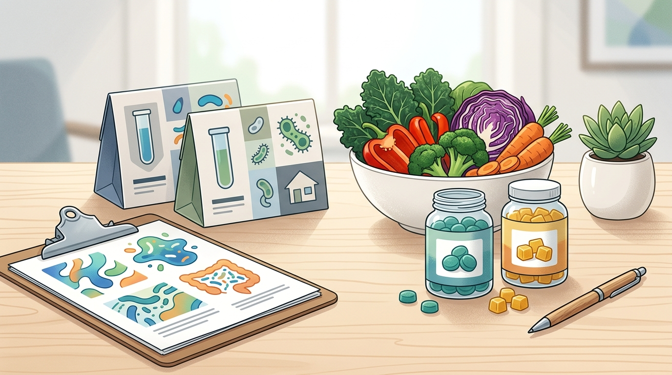 Gut microbiome test kits and digestive routine options compared on a clean desk