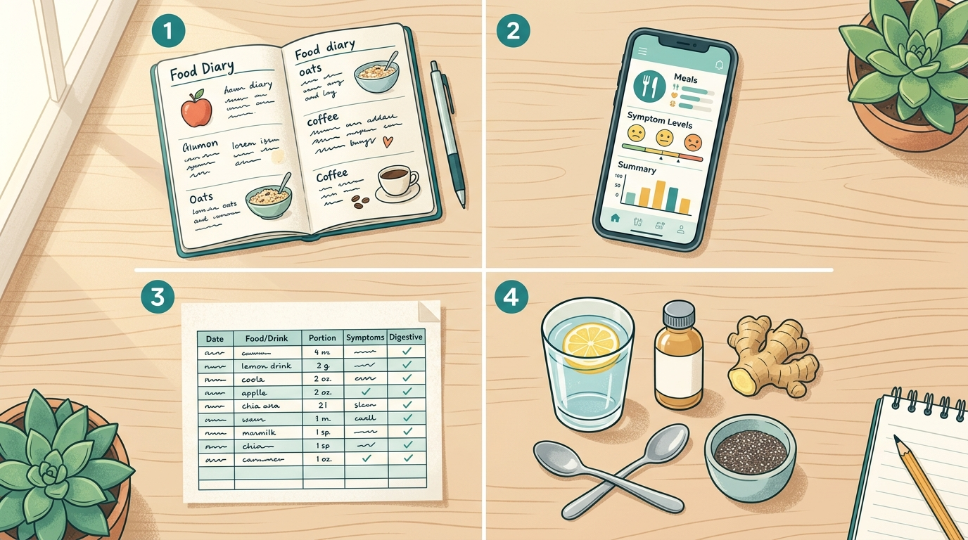 Gut journaling tools including a notebook, phone tracker, and spreadsheet for digestive pattern review.