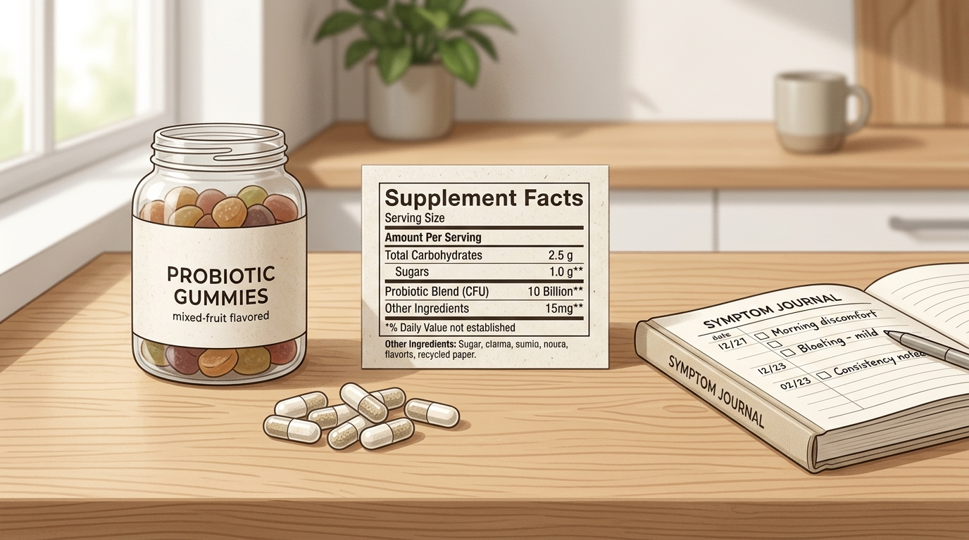 Probiotic gummies and capsules compared beside a reflux symptom journal.