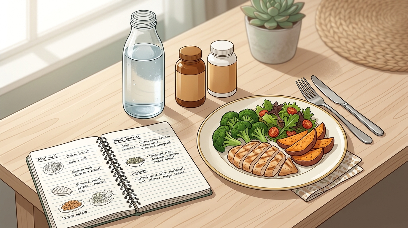 Meal journal and supplement options for comparing upper stomach pain and bloating patterns.