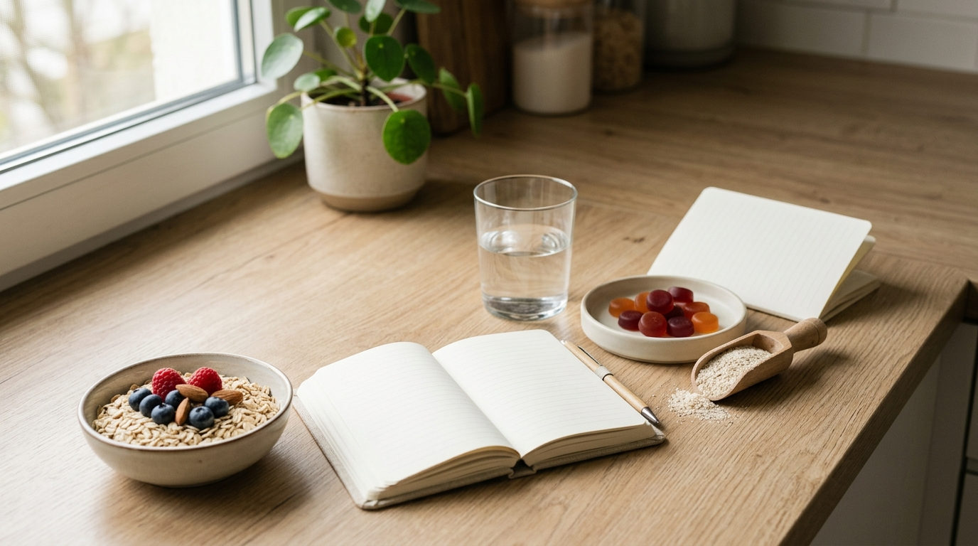 Symptom log with fiber, probiotic, water, and simple foods for comparing afternoon bloating triggers.