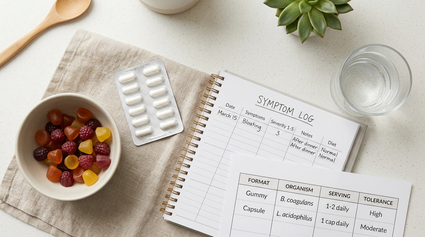 Probiotic comparison setup with gummies, capsules, a water glass, and a bloating symptom log.