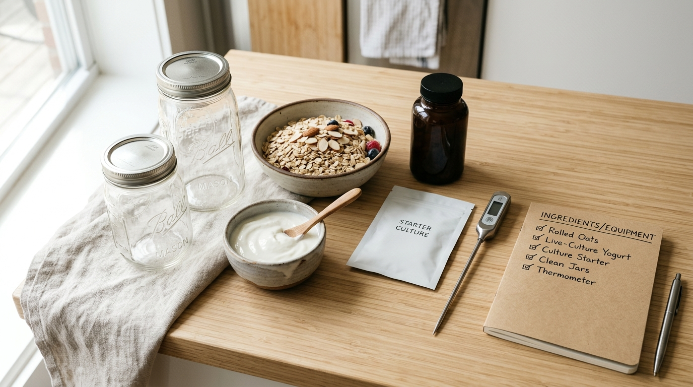 Oats, yogurt, starter culture, probiotic supplement, jars, and thermometer arranged for a fermentation safety comparison.