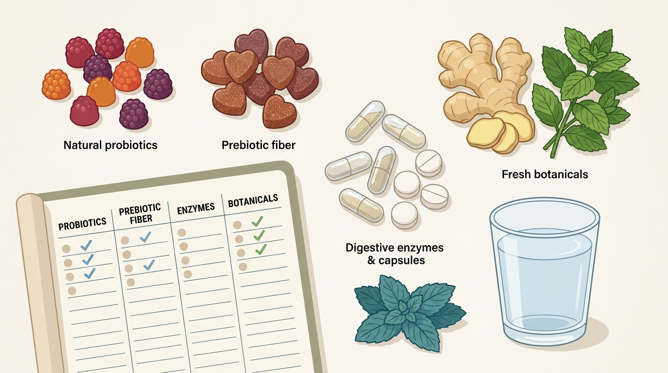 Gut supplement comparison with gummies, capsules, enzymes, ginger, peppermint, and a checklist for probiotics, fiber, enzymes, and botanicals.