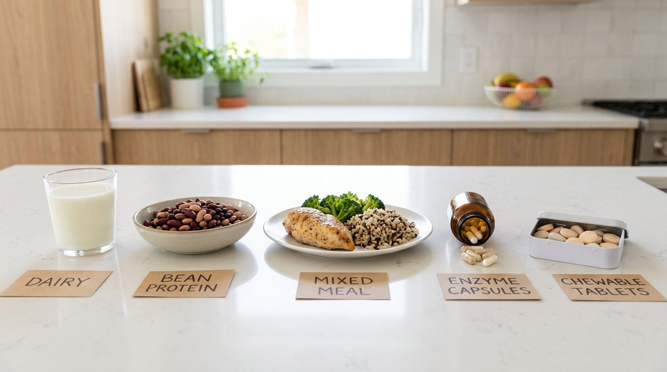 Digestive enzyme options arranged by food trigger for bloating support.