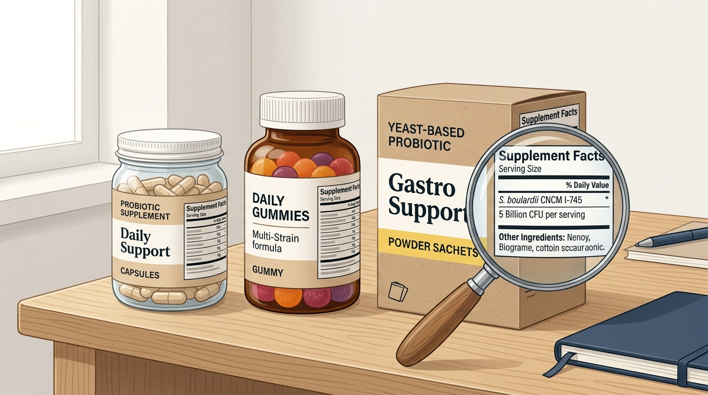 Probiotic labels compared by strain code, CFU, and supplement format.