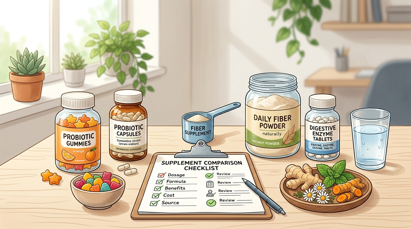 Gut supplement comparison scene with gummies, capsules, fiber, enzymes, botanicals, and a checklist.