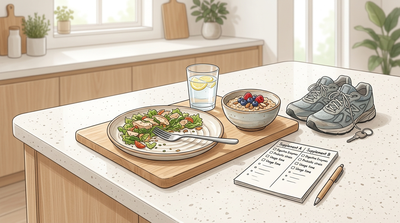 Five bloating habit cues on a kitchen counter, including slow eating, water, fiber foods, walking shoes, and a supplement checklist.