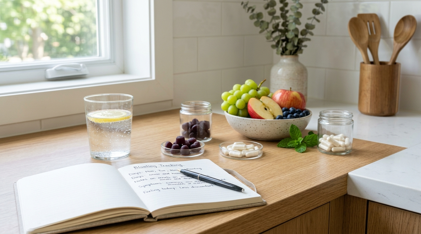 Notebook, water, and probiotic formats arranged for a long-term bloating support comparison.