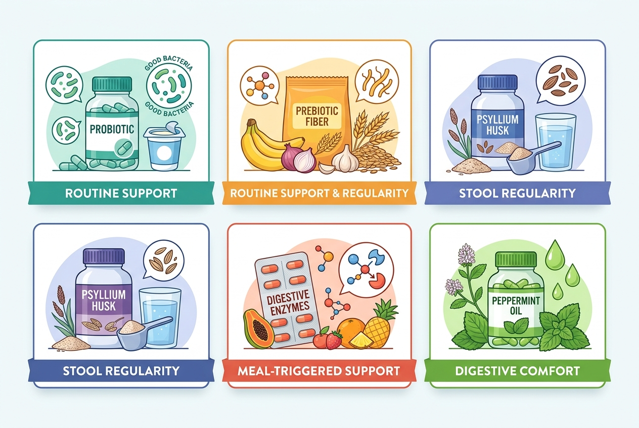 Comparison graphic of probiotic, prebiotic fiber, psyllium, digestive enzyme, and peppermint oil categories.