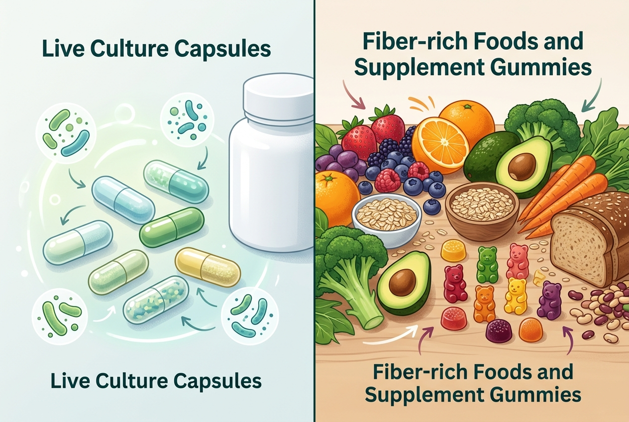 Visual comparison of probiotics that add microbes and prebiotics that feed gut microbes.