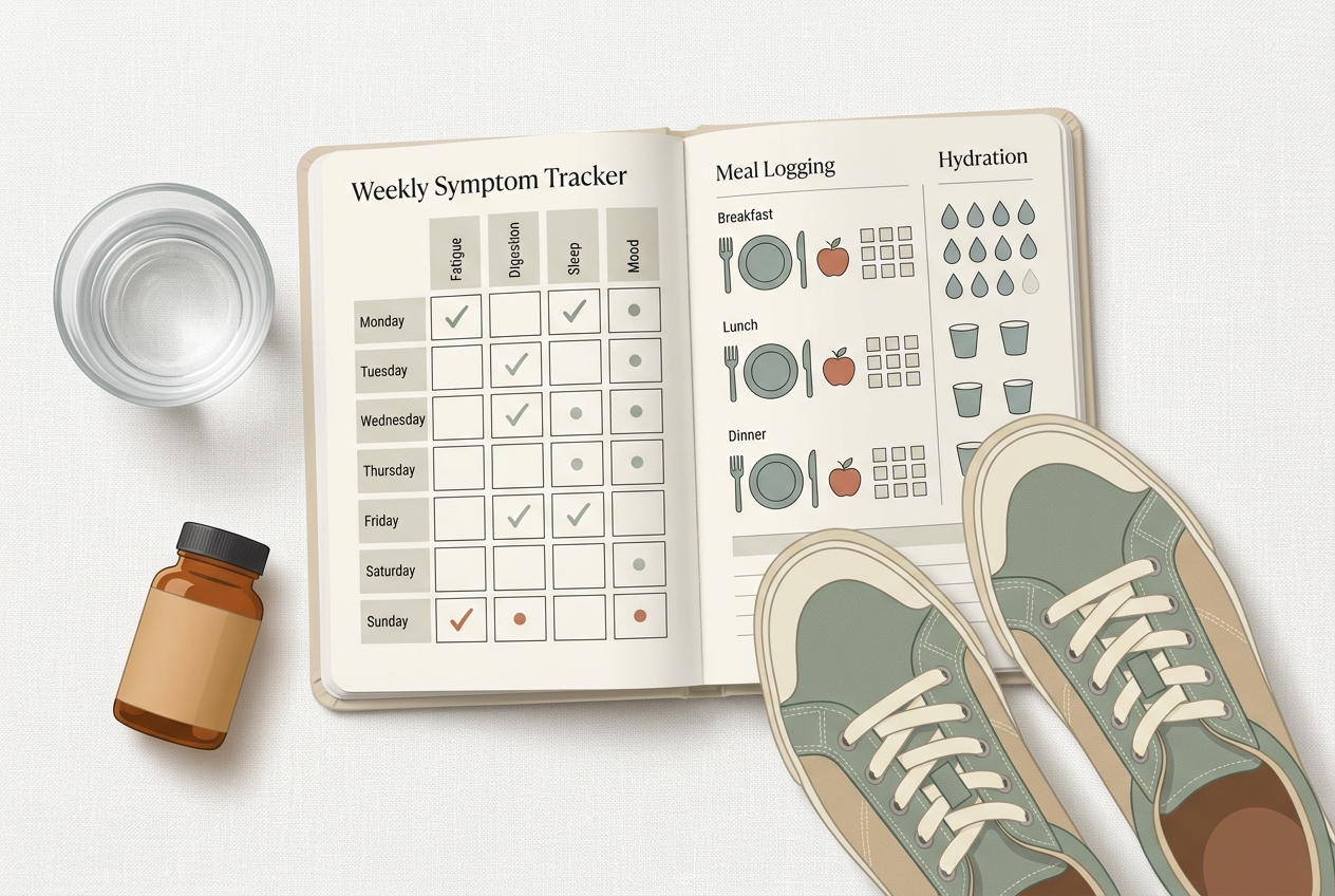 Weekly gut symptom tracking layout for comparing meals, stool patterns, stress, and routine support.