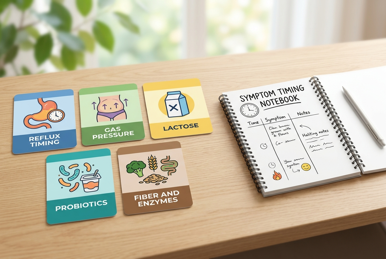 Comparison cards for reflux, gas, lactose, probiotics, fiber, and enzymes.