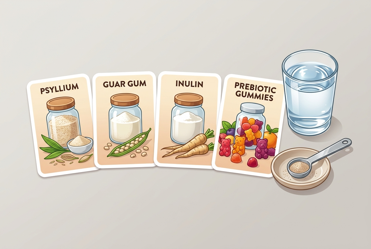 Comparison setup for psyllium, guar gum, inulin, and prebiotic gummy fiber options.