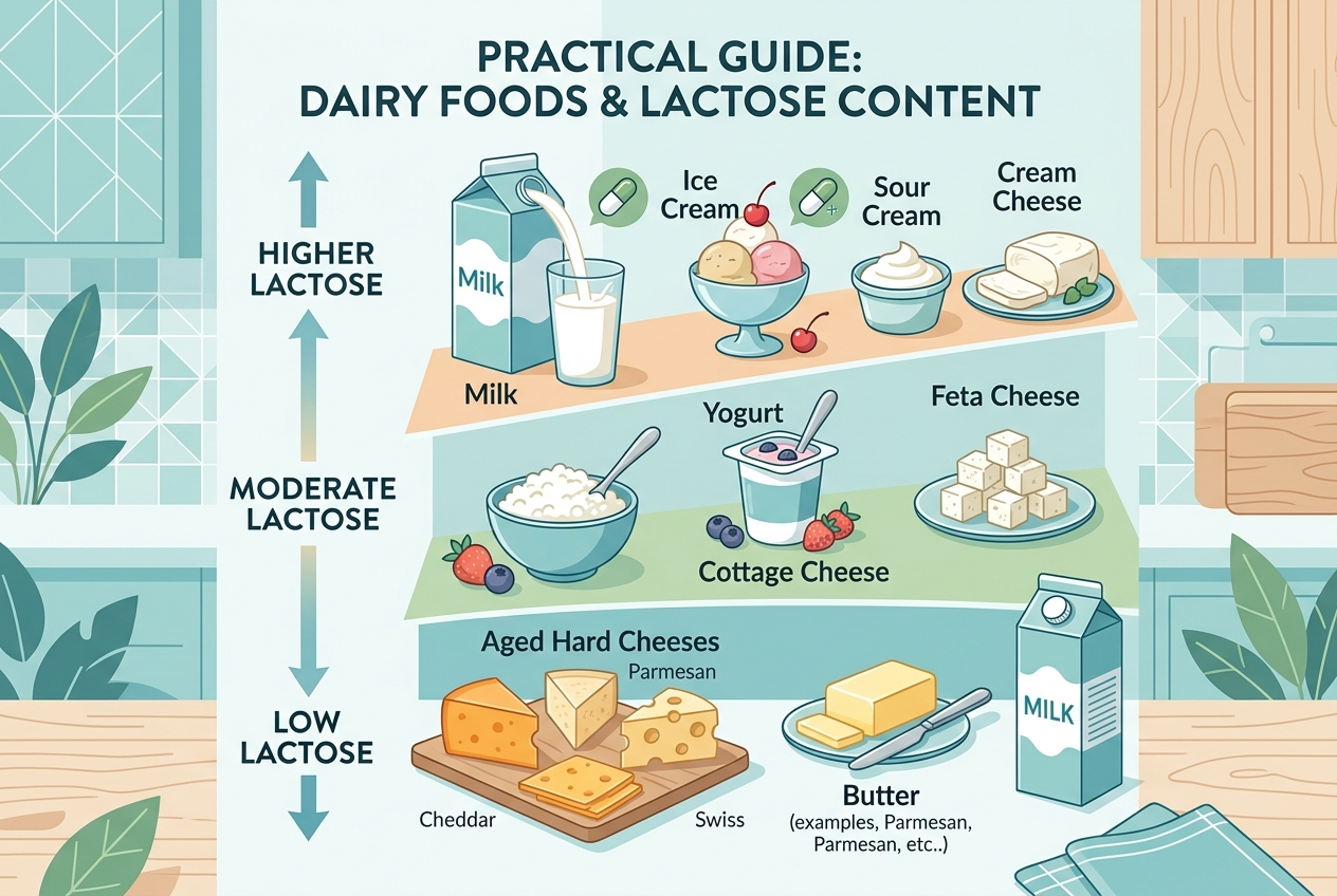 Chart comparing lower and higher lactose dairy foods with lactase pill timing cues