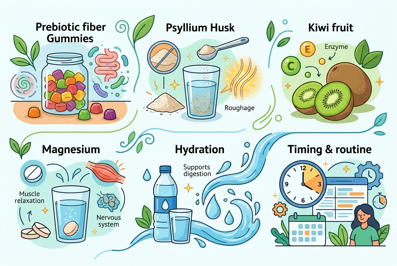 Comparison graphic of prune alternatives including fiber gummies, psyllium, kiwi, magnesium, hydration, and timing