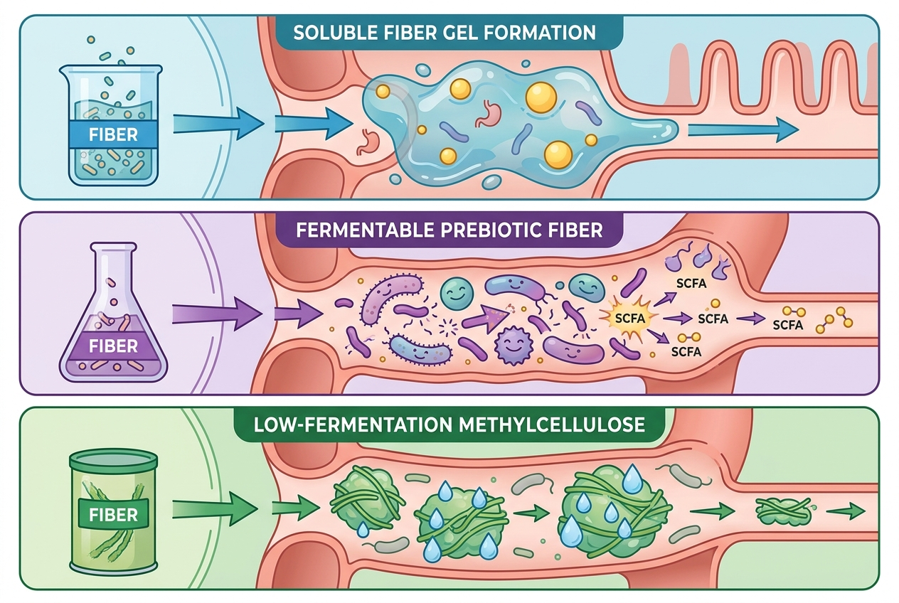Diagram comparing psyllium gel fiber, prebiotic fermentation, and methylcellulose tolerance pathways.