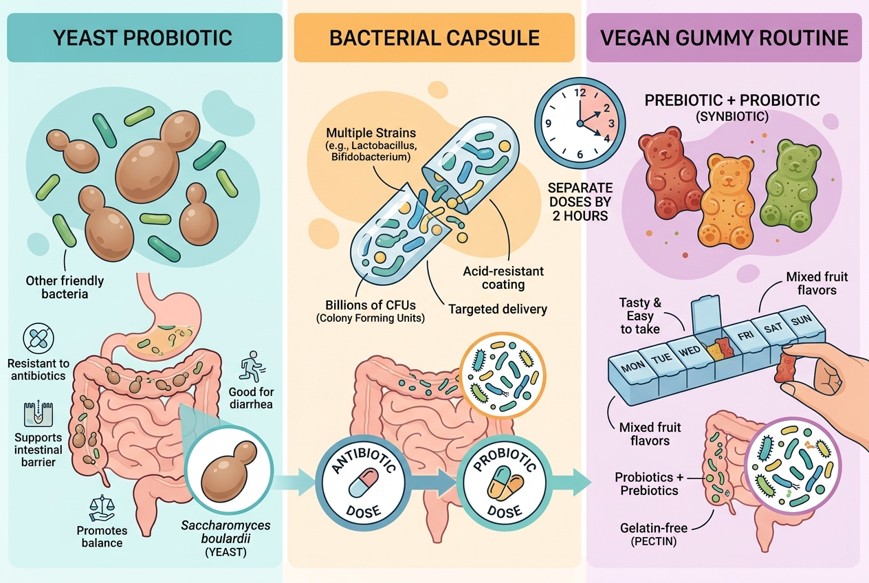 Graphic comparing yeast probiotics, bacterial capsules, and probiotic gummies with a two-hour spacing reminder.