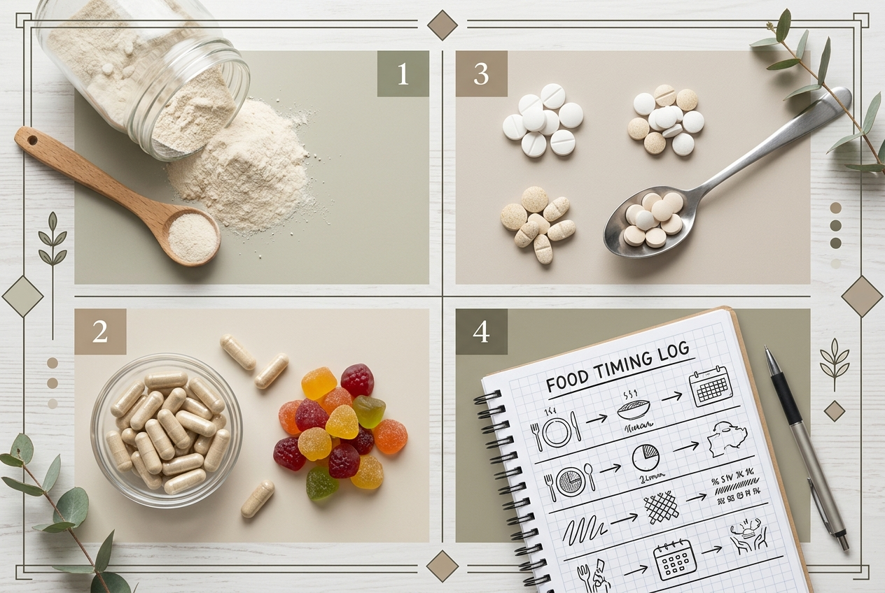 Visual comparison of fiber, probiotics, digestive enzymes, and food tracking for bloating support.