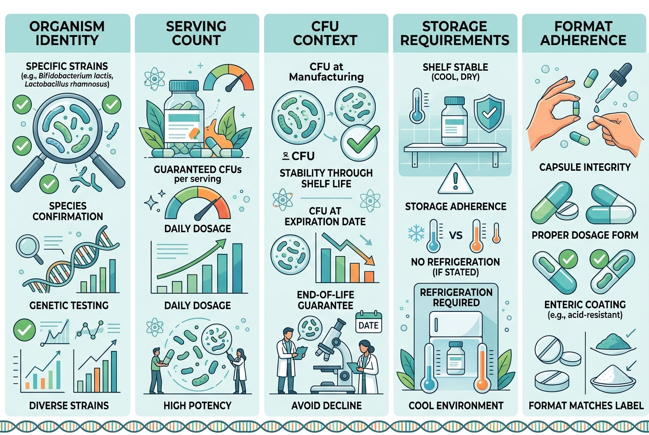 Infographic showing five checks for comparing affordable probiotics by label and routine fit.