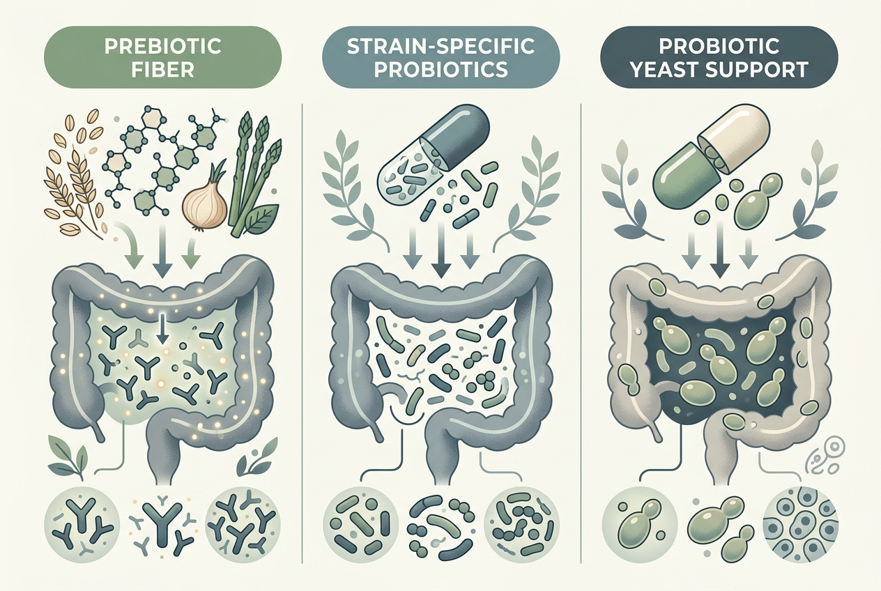 Visual comparison of prebiotic fiber, bacterial probiotic strains, and probiotic yeast support pathways.