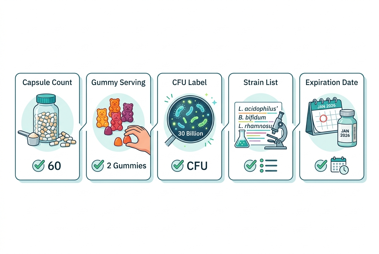 Checklist comparing CFU count, strain list, serving format, and expiration date for probiotic supplements.