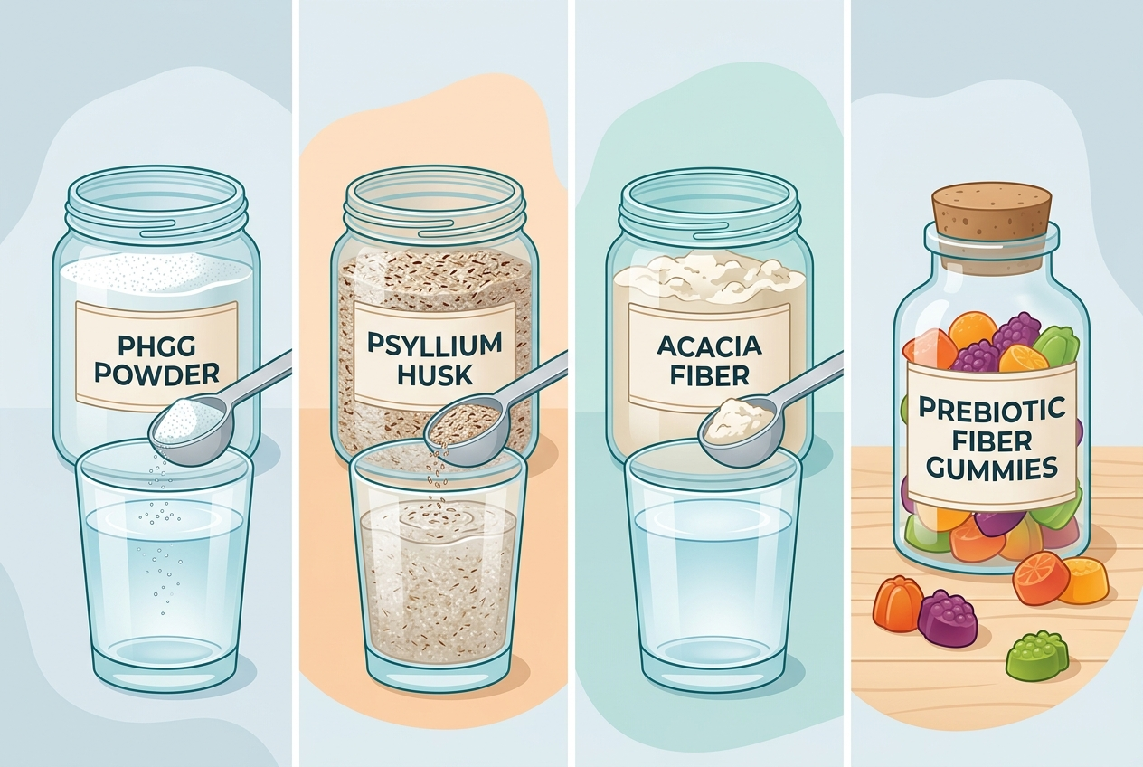 Comparison of PHGG powder, psyllium, acacia fiber, and prebiotic fiber gummies as different soluble fiber formats.