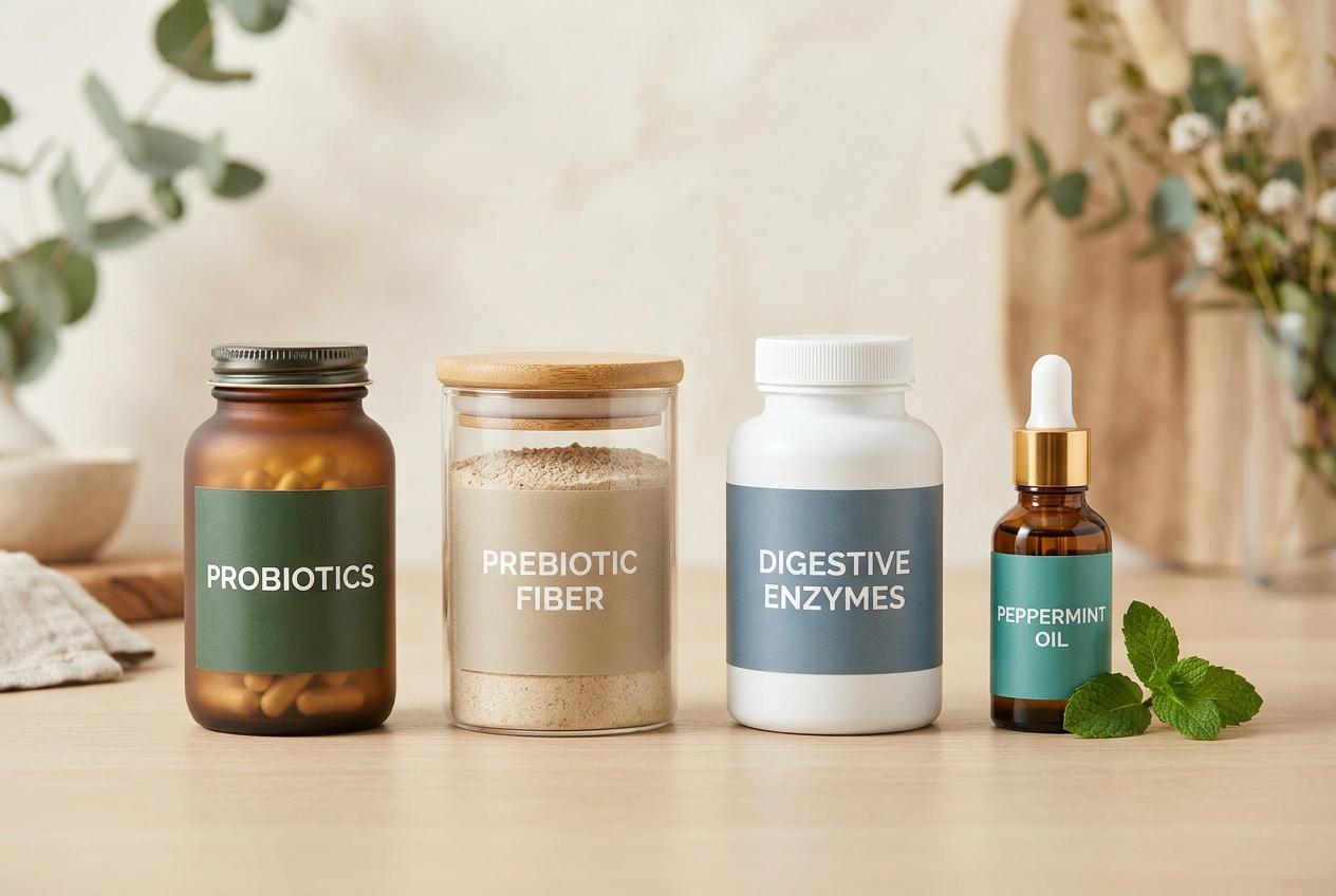 Four gut supplement categories shown side by side for comparison.