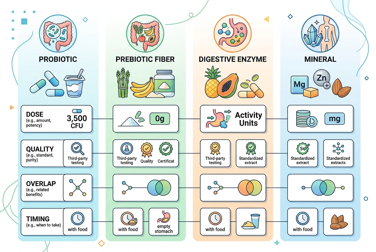 Visual guide to comparing probiotic, fiber, enzyme, and mineral supplements.