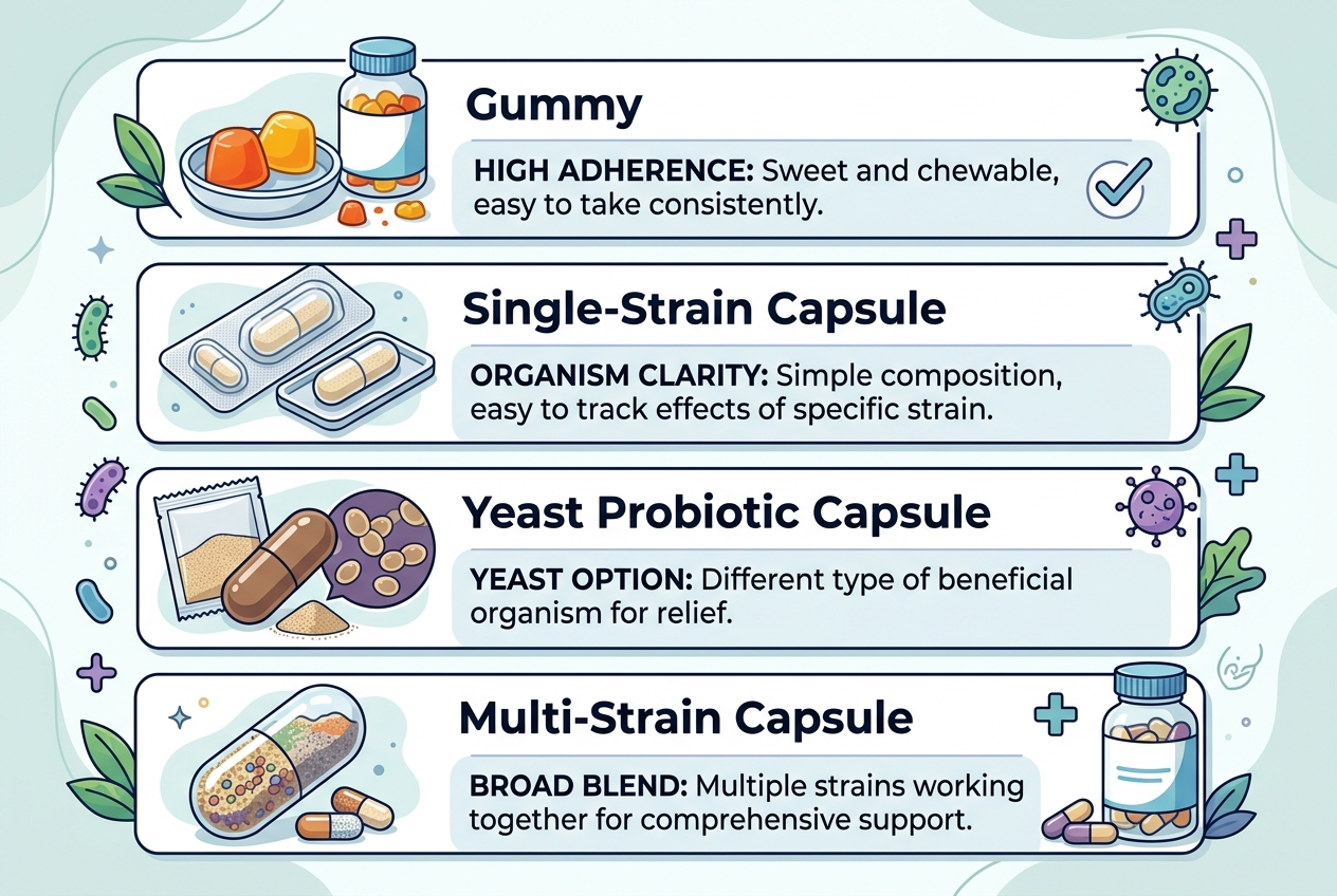 Comparison graphic of probiotic gummies, single-strain capsules, yeast probiotic capsules, and multi-strain capsules for bloating.