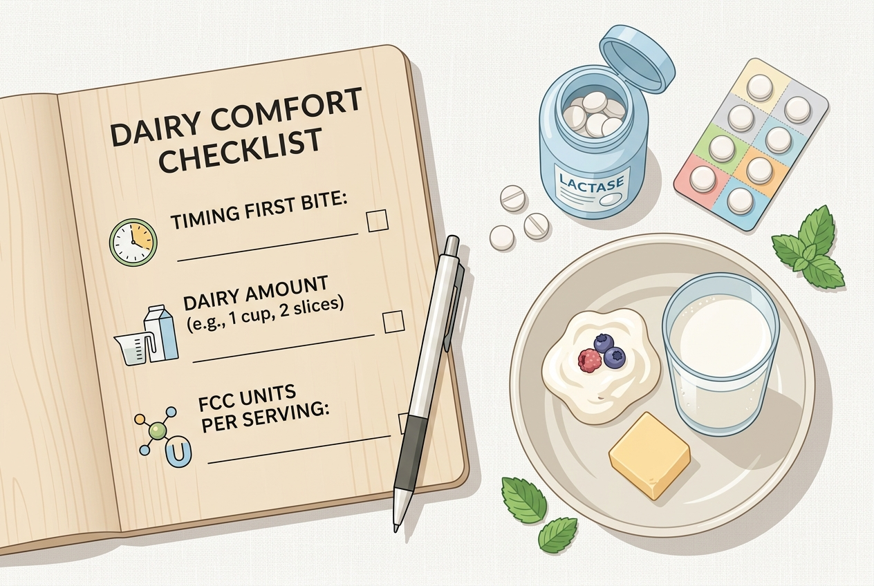 Lactase timing checklist showing first bite, dairy amount, and FCC units
