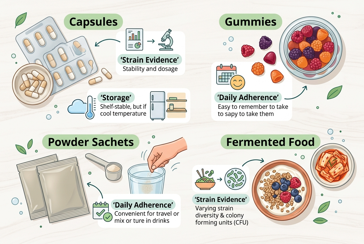 Probiotic formats compared by strain evidence, storage needs, and routine fit.