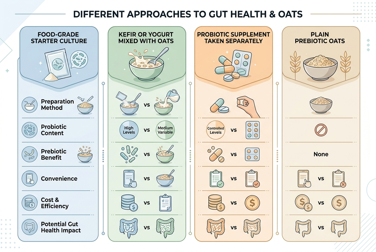 Comparison grid showing starter culture, kefir with oats, probiotic supplements, and plain prebiotic oats as separate options.