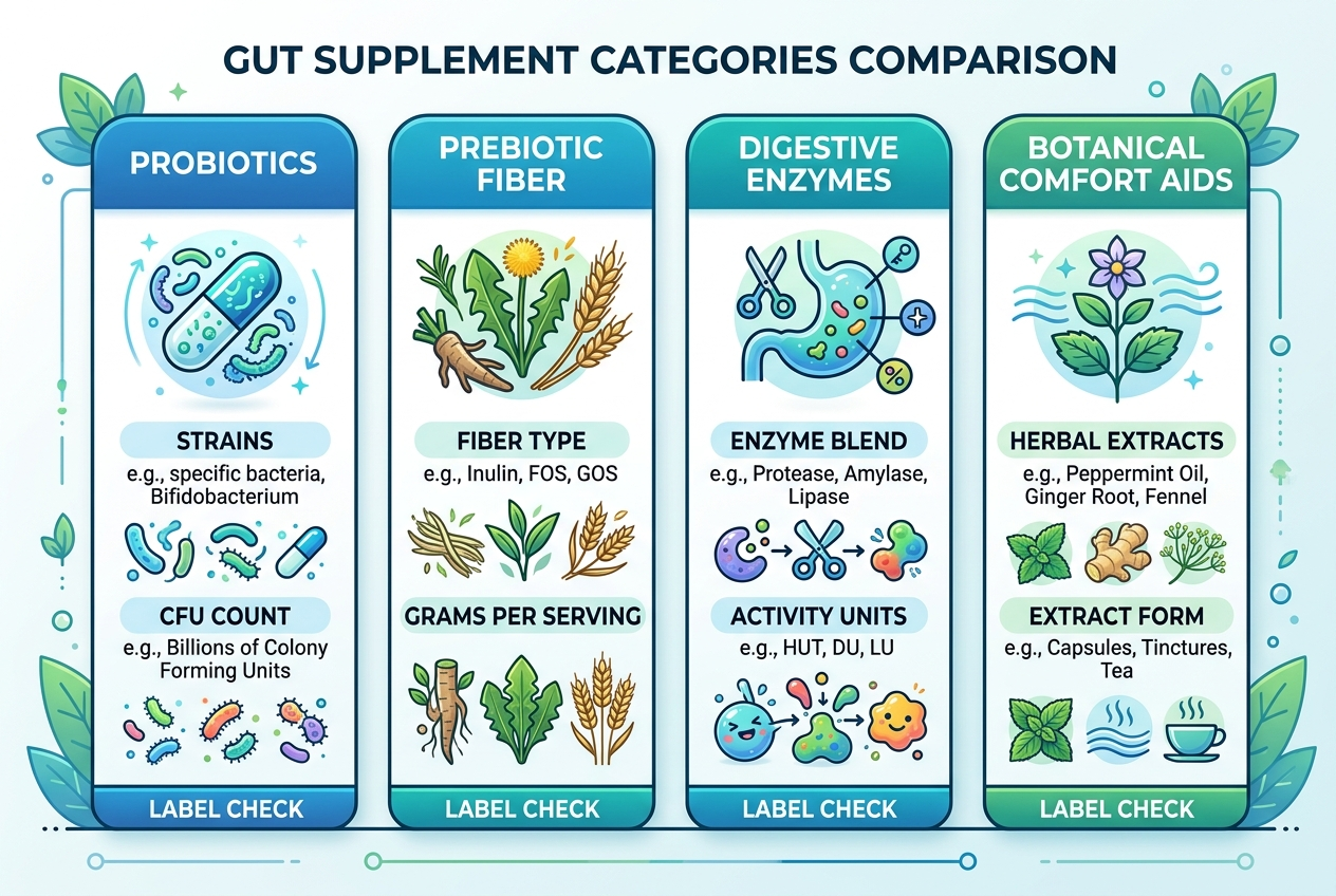 Infographic comparing probiotics, prebiotic fiber, digestive enzymes, and botanical gut-support options by label checks.