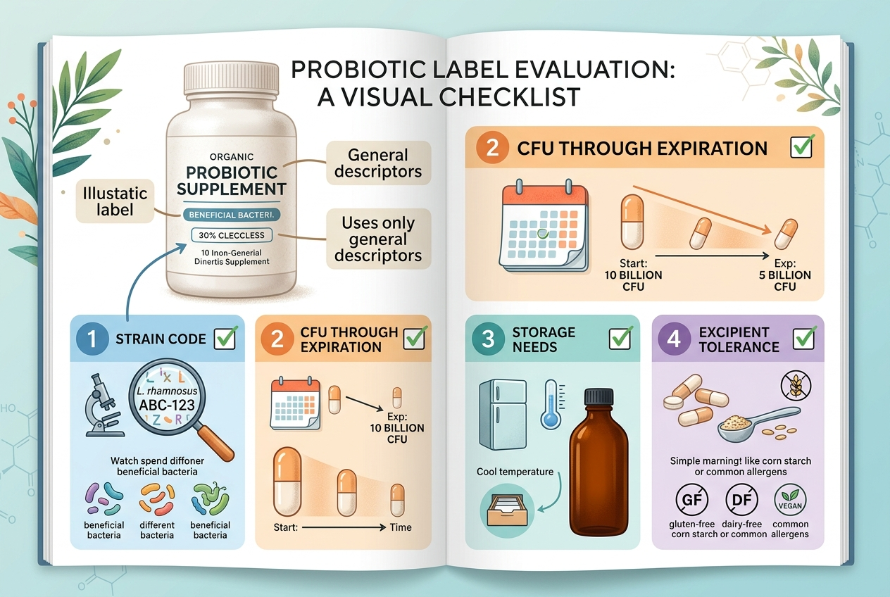Checklist showing what to look for on a probiotic supplement label.