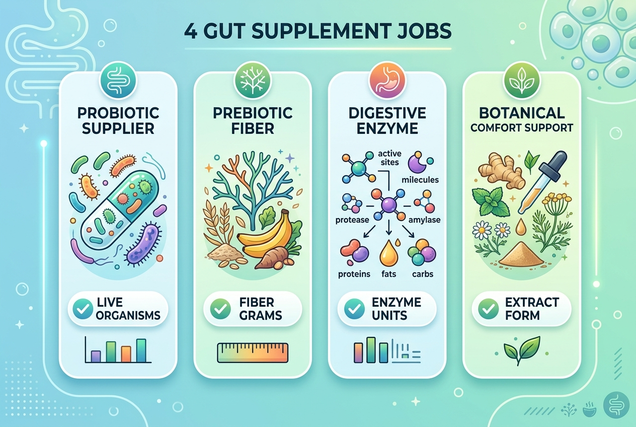 Infographic comparing probiotic, prebiotic fiber, digestive enzyme, and botanical gut supplement categories by label checks.