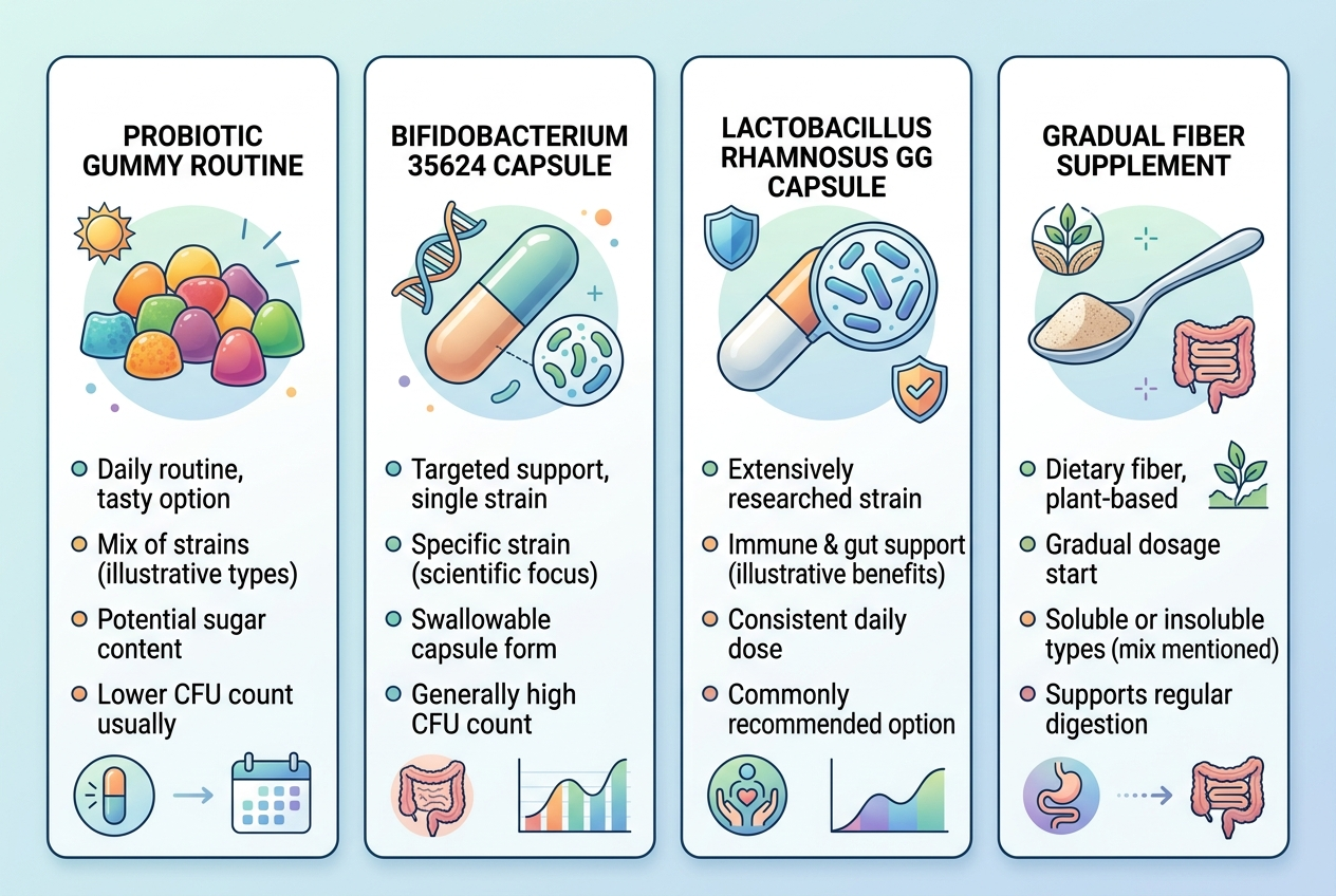 Comparison grid showing probiotic gummies, Bifidobacterium 35624, Lactobacillus rhamnosus GG, and gradual fiber options for bloating routines.