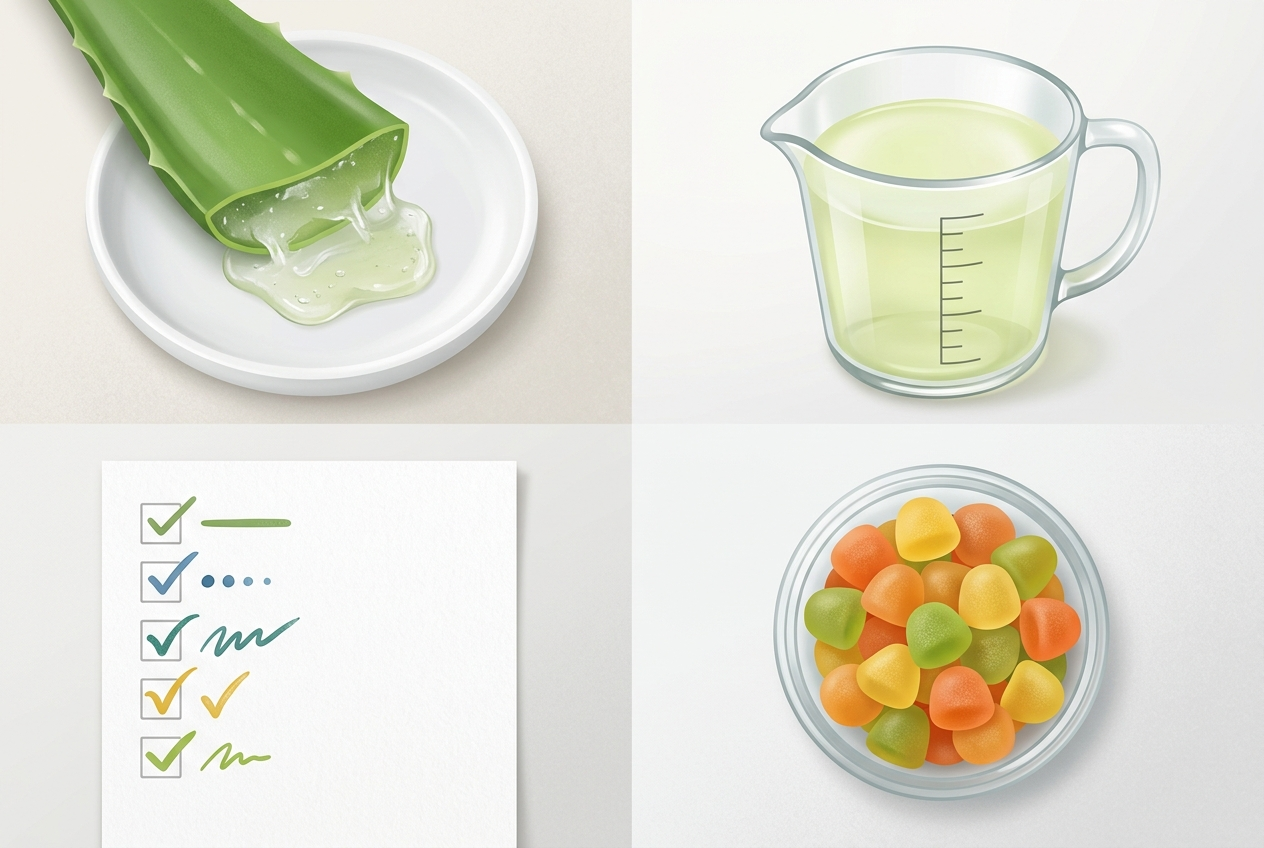 Label-checking setup for aloe vera juice and digestive supplement formats.
