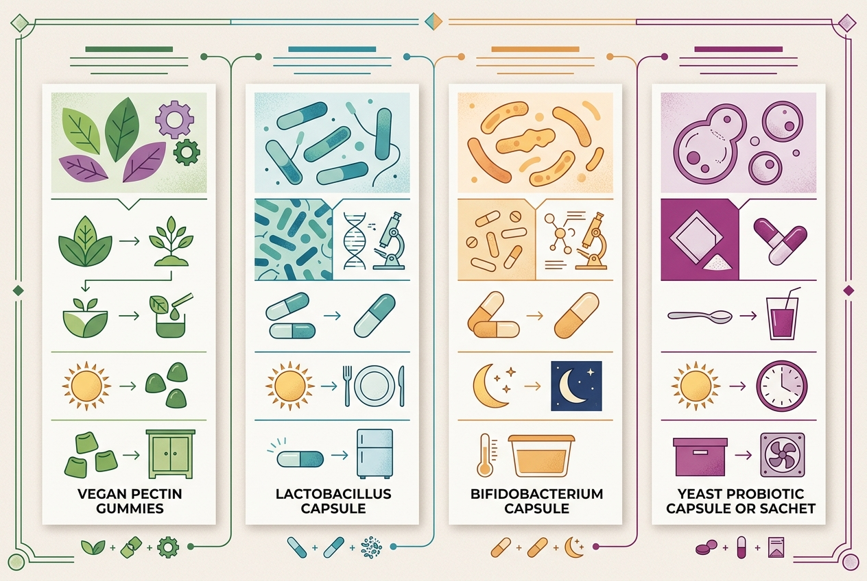Visual comparison of gummy, bacterial capsule, Bifidobacterium capsule, and yeast probiotic formats.