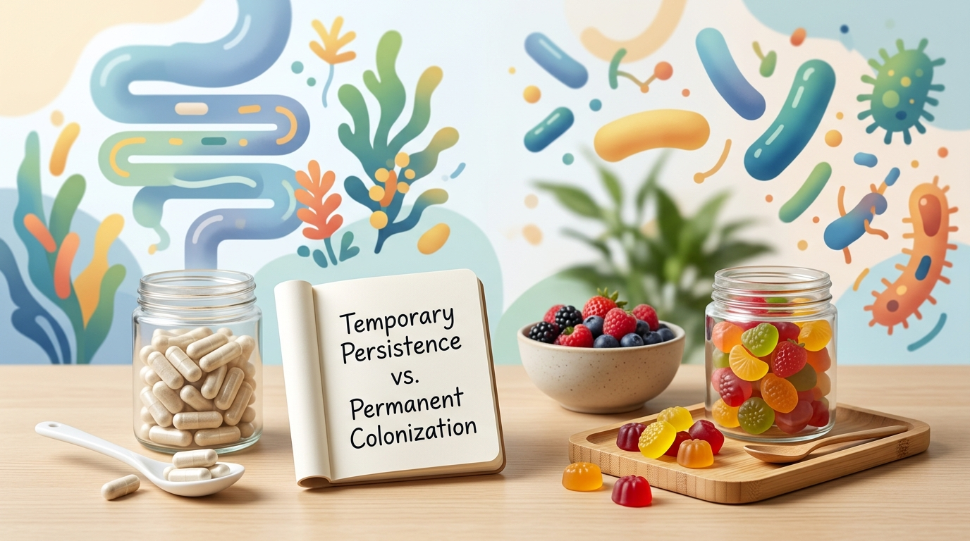 Probiotic capsules and gummies beside a note comparing temporary persistence and permanent gut colonization