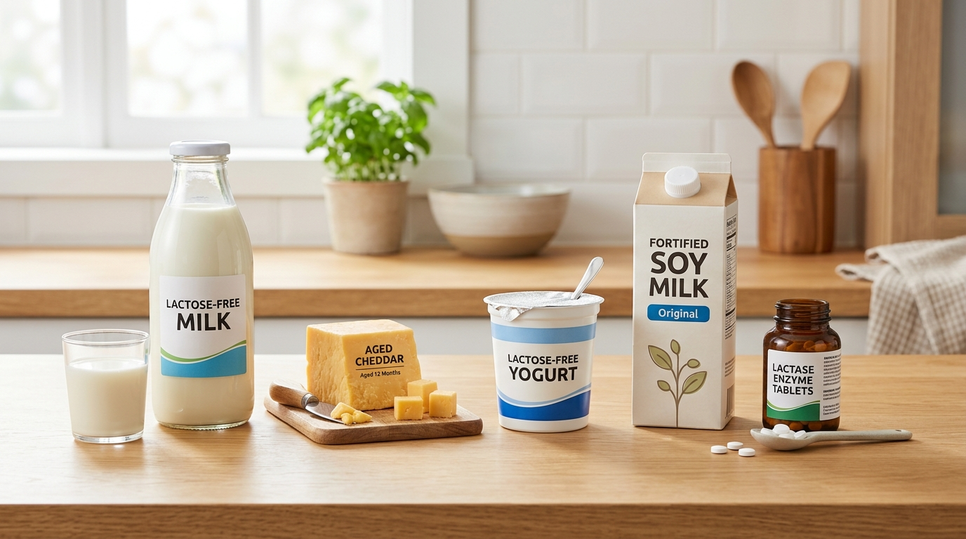 Lactose-free dairy, fermented dairy, fortified alternatives, and lactase tablets on a kitchen counter.