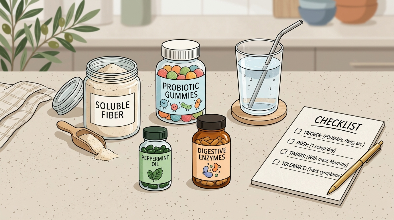 Debloating supplement options compared by trigger, dose, timing, and tolerance