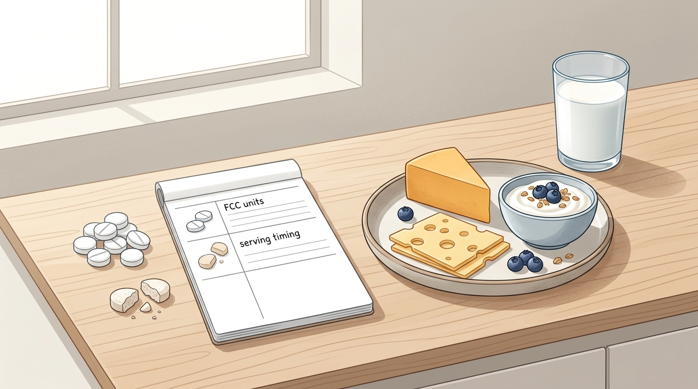 Lactase tablets, dairy foods, and a comparison notebook for choosing the best lactase pills.