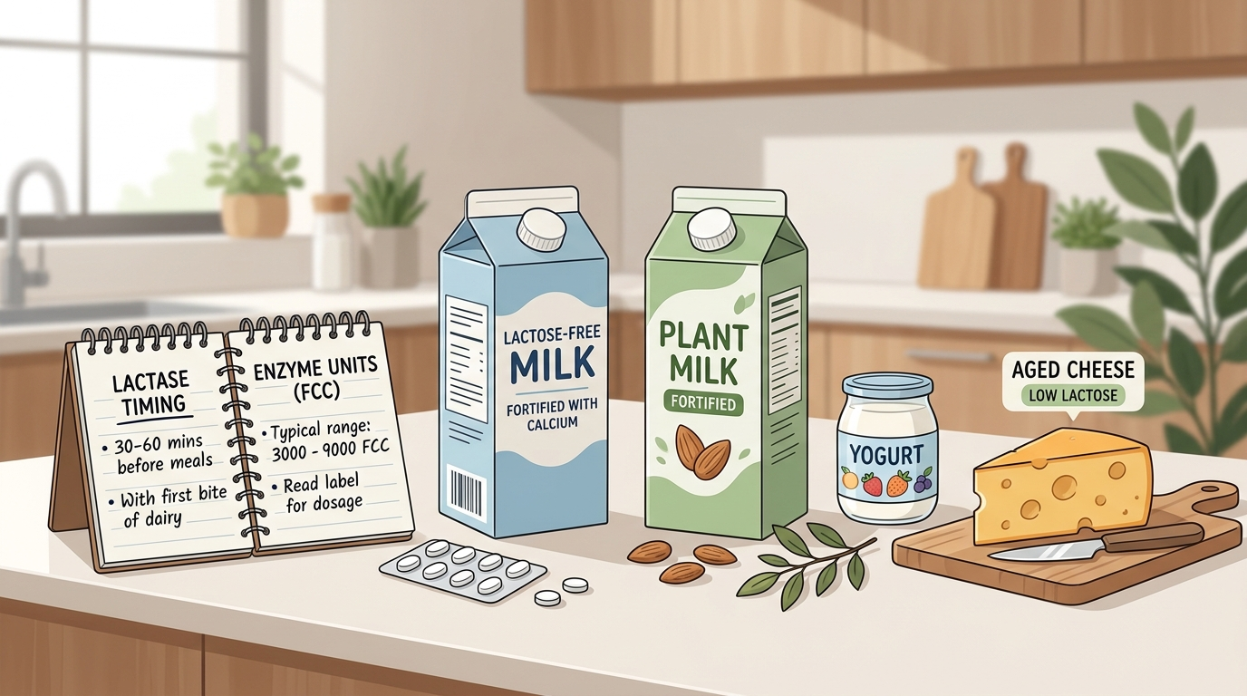 Lactase tablets, lactose-free dairy, yogurt, cheese, and fortified plant milk arranged for a lactose intolerance support comparison.