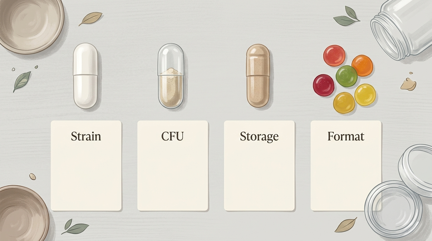 Probiotic capsules, yeast probiotic, and vegan gummies arranged for strain and format comparison.