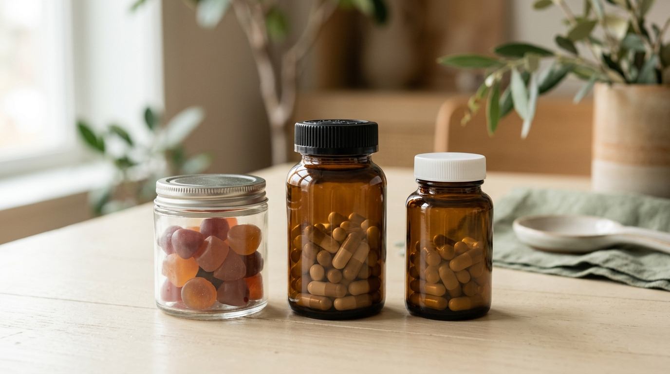 Two probiotic capsule bottles and a gummy jar arranged for a label comparison