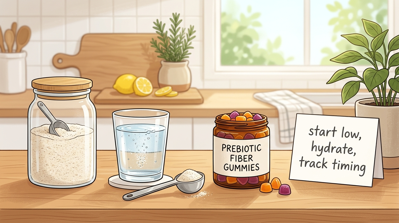 Psyllium powder, water, and prebiotic fiber gummies arranged for an IBS-C and GERD fiber comparison