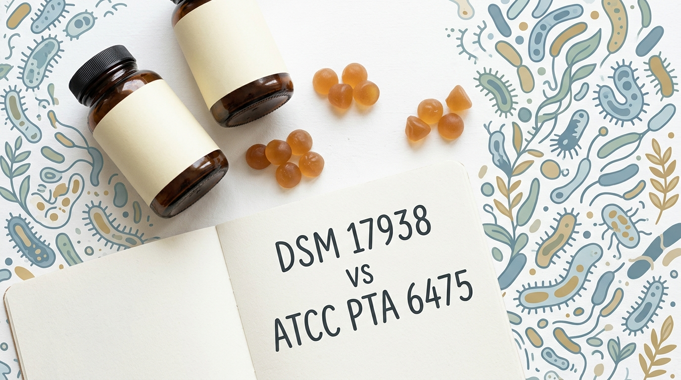 Probiotic comparison scene with notes about L. reuteri DSM 17938 and ATCC PTA 6475 strain codes
