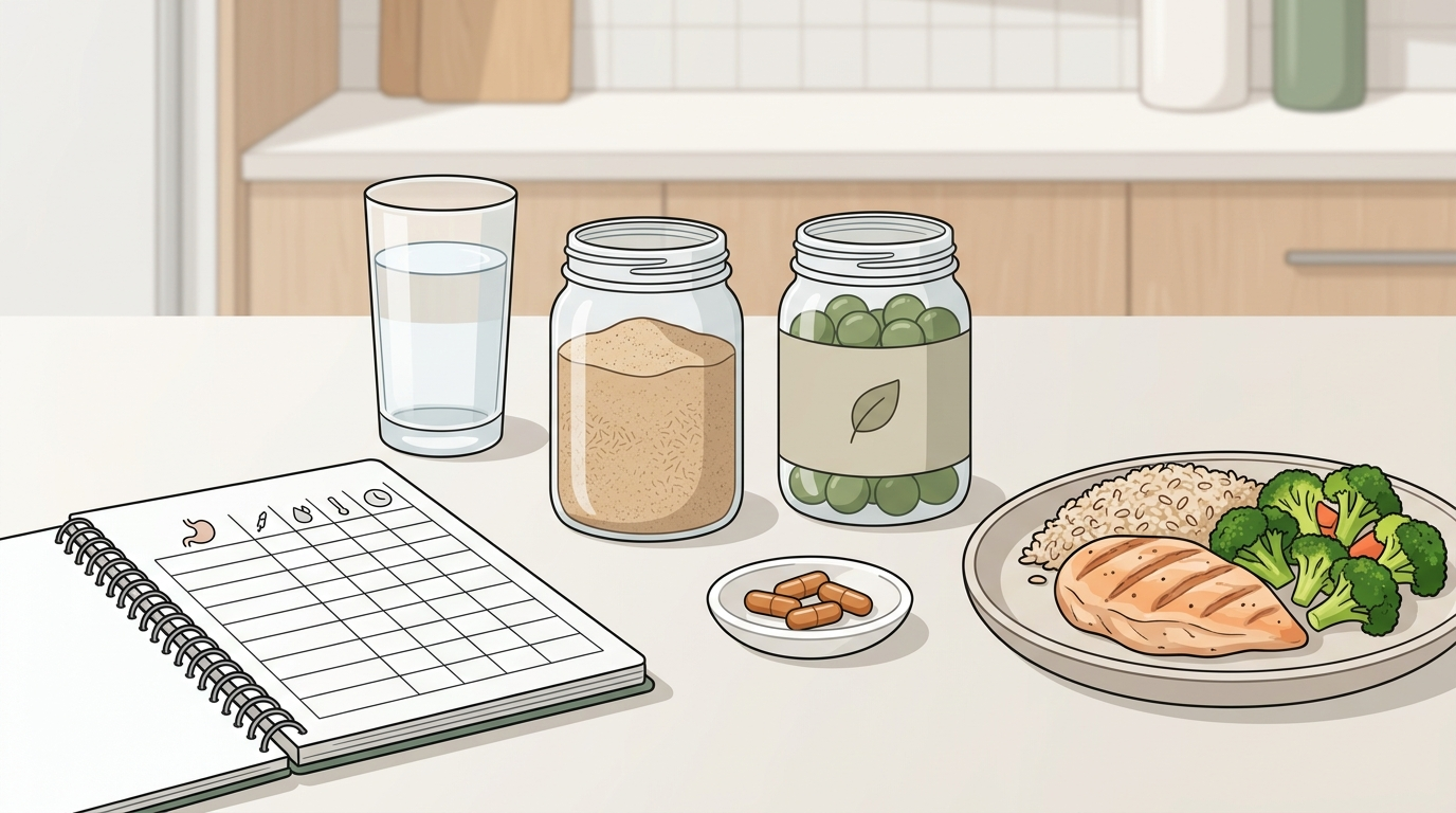 Symptom notebook beside fiber, probiotic gummies, peppermint oil capsules, water, and a simple meal.