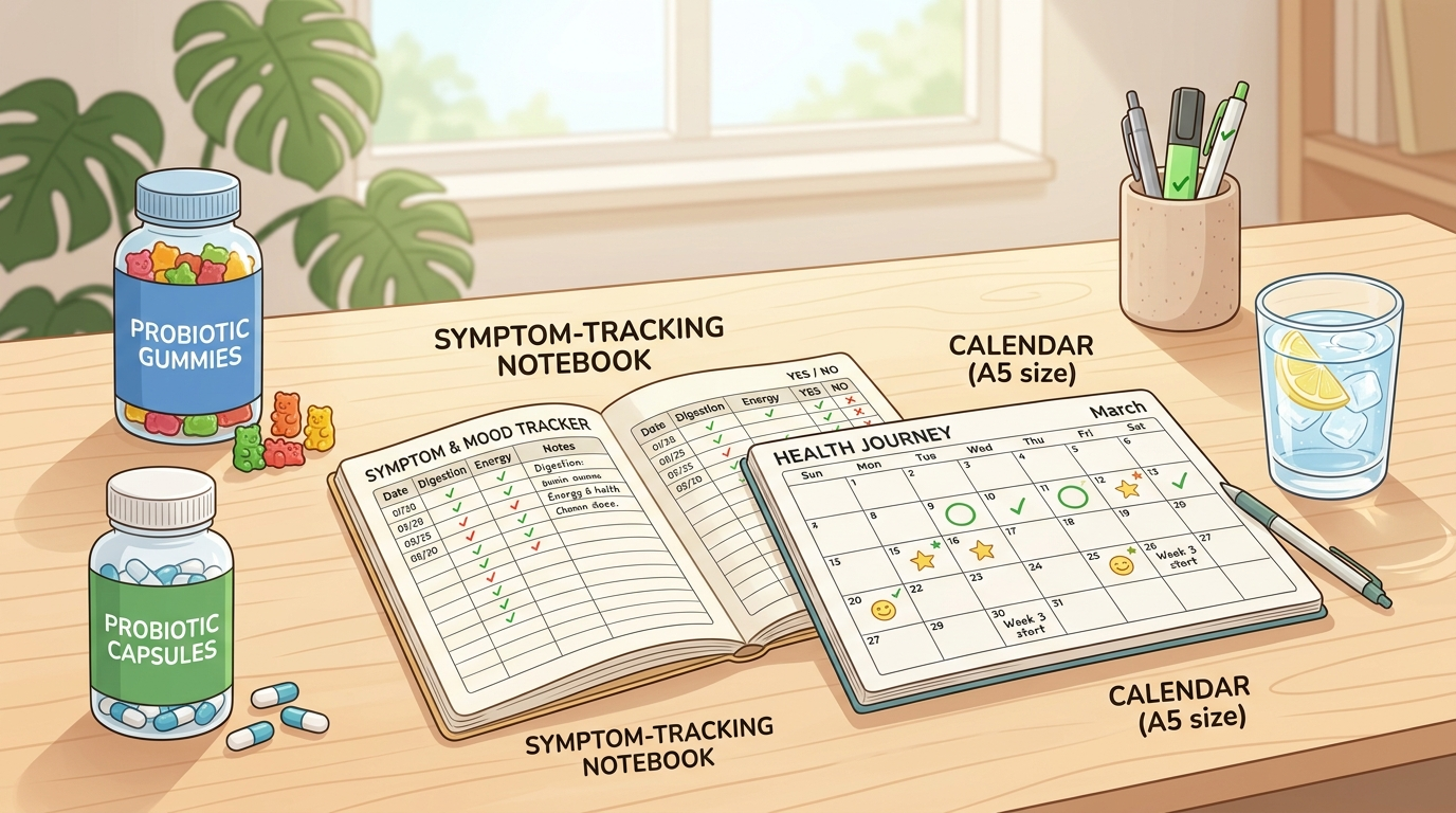 Probiotic routine tracking setup with gummies, capsules, notebook, calendar, and water
